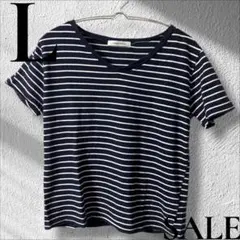「即日発送」Lストライプ Vネック 半袖Tシャツ ネイビー