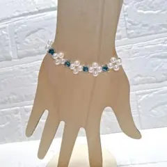 パールと青いビーズのブレスレット 約15cm