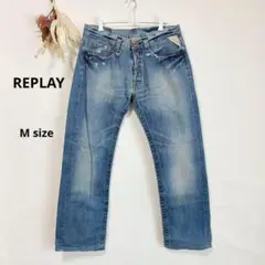 リプレイ　REPLAY デニムパンツ　ストレート　ボタンフライ　ダメージ加工