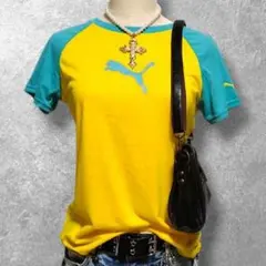 PUMAプーマ黄青ラグランTシャツロゴ刺繍Y2K平成ギャルギャルカジ00s