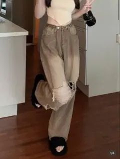 SHEIN デニム ブラウン ダメージ