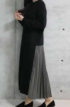 Jeans Factory サイドプリーツドッキングニットワンピース ロング