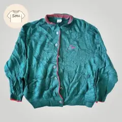 90s風 立体ジャガードカーディガン レトロ配色 緑 Mレディース 古着