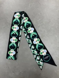 フェンディ ラッピー リボンスカーフ 花柄 黒×緑