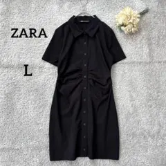 ZARA シャツワンピース 半袖 ウエストギャザー ストレッチ 前開き 黒