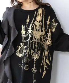 iS ScoLar 553278：箔プリントシャンデリア フリル裏毛ワンピース