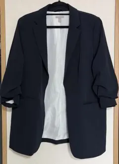 H&M ネイビー テーラードジャケット 袖シャーリング Lサイズのサムネイル