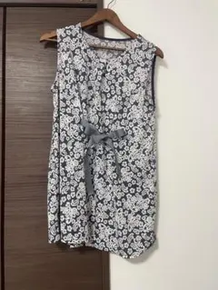 ペイズリー柄 チュニック ワンピース リボン付き グレー