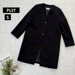 美品【PLST】ノーカラーコート・ウール混・ゆったりシルエット◇ネイビー・S