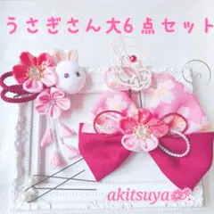 つまみ細工 髪飾り 大きめリボン付き 七五三 髪飾り うさぎさん ピンク 6点