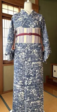 小紋着物 青色花柄 紫帯付き