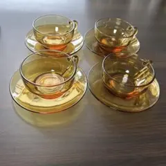 【ADELEX】アデレックスカップ&ソーサー4客セット　アンバーガラス昭和レトロ