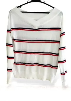 lil nina ボーダー柄 Vネックサマー ニット 長袖 M　薄手のサムネイル