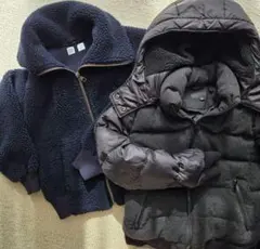 お得！ユニクロフード付きダウンM 黒&ボア　ネイビーM　2点セット