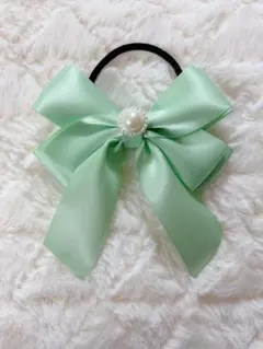 ハンドメイド　リボンヘアゴム　グリーン