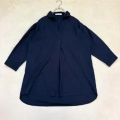 nn503 長袖スキッパーシャツ ブラウス ネイビー チュニック丈 オフィスのサムネイル