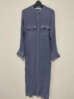 ロングシャツワンピース 長袖 無地 ブルー系