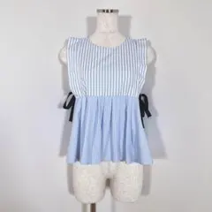 ZARA ザラ　サイドリボンペプラムブラウス　ストライプ　水色　M