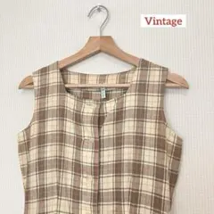 ⭐️レトロ古着　チェック柄　ノースリーブ　ワンピース⭐️昭和　ヴィンテージ 夏　茶のサムネイル
