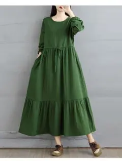 エレガントワンピース 気質満点 無地＆シンプル ロング 刺繍 ラウンドネック