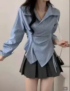 レディース シャツ 青 ストライプ