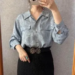 ヴィンテージ レトロ古着 ジャガード刺繍シャツ スカーフ柄 くすみブルー系