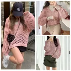 新品タグ付きGRL ハニカムニットトップス[an1228] ピンク　F　グレイル