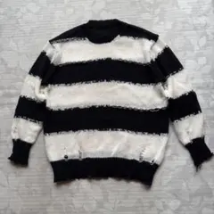 ダメージ加工 ボーダーニット グランジ パンク モノトーン Lサイズ