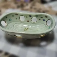 希少　有田焼　グリーン陶器ボウル 中型 波状模様　お菓子鉢花鉢　昭和レトロ