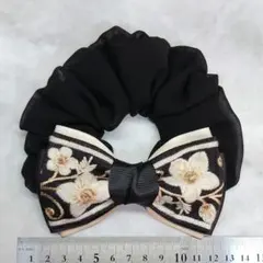 ハンドメイドシュシュM-3833♡ブラックジョーゼット♡インド刺繍リボン