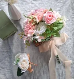 【新品】ピンク系 造花 ラウンドブーケ ブートニア フォトウェディング 前撮りに