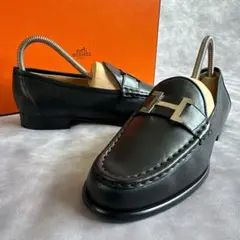 超美品》HERMES エルメス パリ ローファー Hロゴ シルバー金具 黒系 