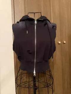 ダメージ加工 ノースリーブ パーカー ブラック