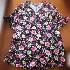 花柄 Vネック 【1XL】フリル袖ワンピース大きめ