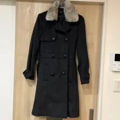 ダークグレー ウール ピーコート ファー付き　M