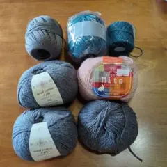 毛糸セット ウールコットン グレー 青緑 ピンク他