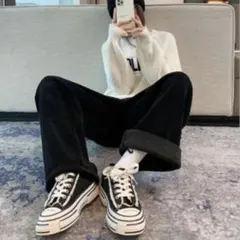 【裏起毛 】ワイドパンツ　コーディロイパンツ 防寒 あったか 冬用 ブラック　M