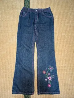 BOBSON フレアパンツ ダークブルー 花柄刺繍 140