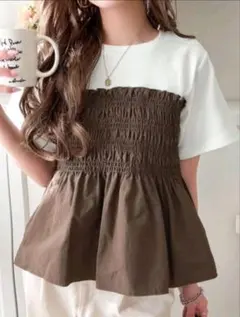 半袖 ビスチェ風 ドッキング Tシャツ シャーリング カットソー