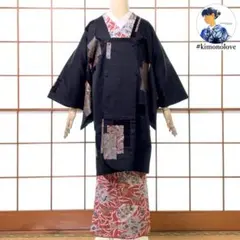 和装コート ロング丈 金銀糸 破れ色紙 古典 黒 アンティーク着物 A-2705