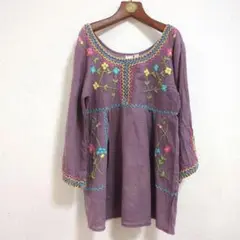 エスニック 花柄 刺繍チュニック 紫色 五分丈 アジアン エスニックワンピース