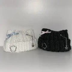 ▶︎にじぱぺっと　猫耳ニット帽　2個セット　ホワイト×ブラック　バラ売り可能