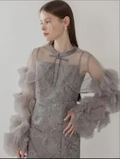 新品未使用フリルチュールスリーブリボンIラインワンピースドレス