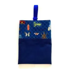 ハンドメイド 上履き入れ 上靴袋 昆虫柄 青 キルティング カブトムシ 丈夫