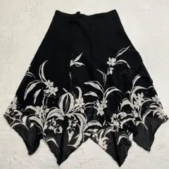 インディヴィ/花柄アシメスカート/日本製/ キュプラ/フレア/希少/38/黒
