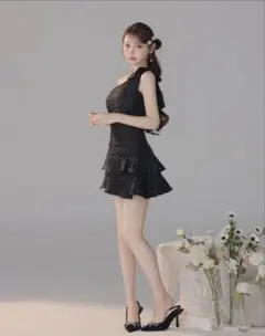 ROBE de FLEURS ワンショルダービジュー付きドレス ブラック