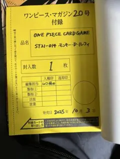 新品未開封 ワンピース マガジン 20号 ルフィ プロモカード 1枚