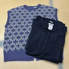 ニコアンド 紫ダイヤモンド柄ノースリーブニットベストとネイビーシャツセット