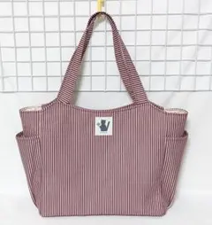 ヒッコリー カラーデニム・ガーネット・サイドポケット付きトートバッグW・四つ葉