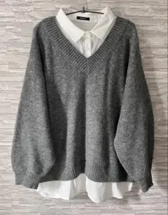 グレー Vネックニット シャツ襟付き　4L